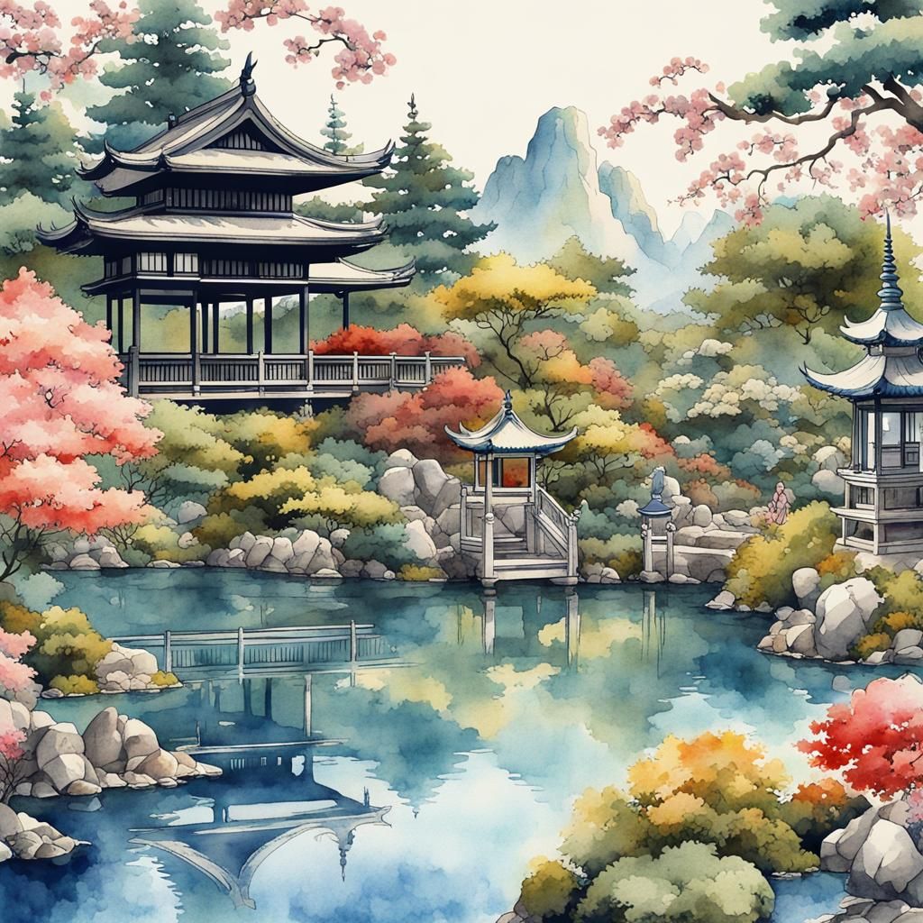 very beautiful antik Japanese garden with beautiful majestic...