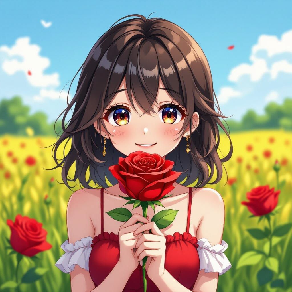 Cute Anime Rose with Happy Eyes in a Field