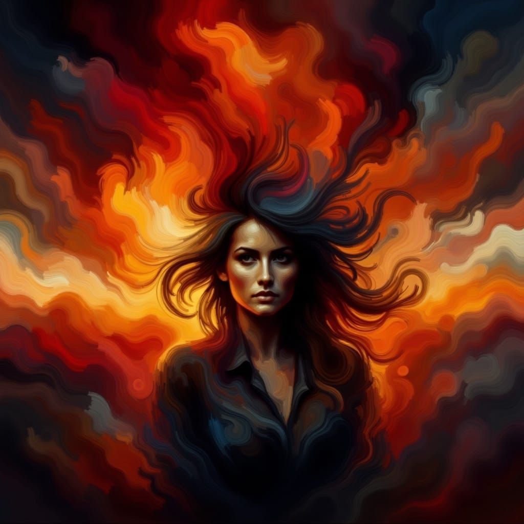 <lora:PaintLines:1.0> Smiling woman, sunset explosion behind her in red and black angry clouds 