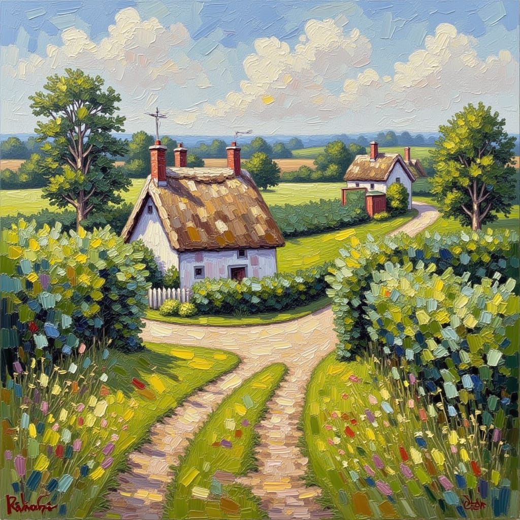 <lora:Impression Impasto:1.0> English countryside — hedgerows turning bronze, thatched cottages, impasto impressionist oil, low afternoon su...