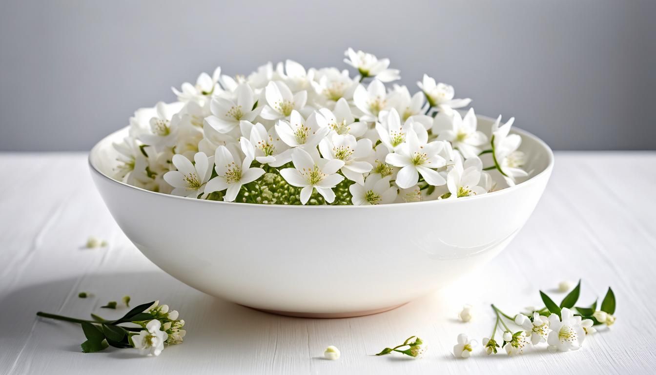 delicate white flowers floating in a bowl