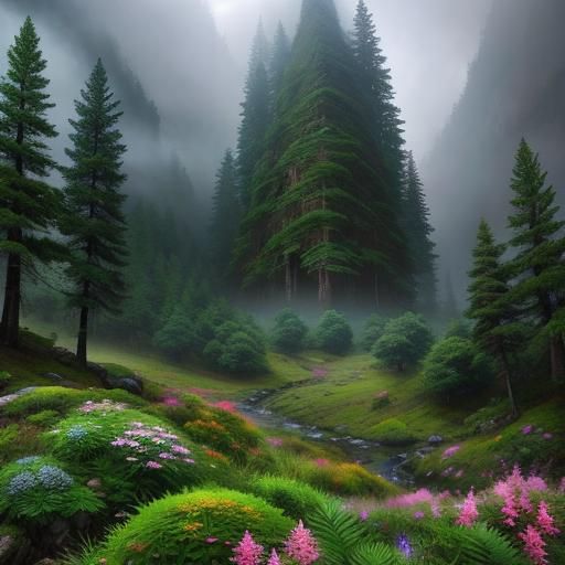Beautiful misty mountain landscape trees flowers ferns vivid...