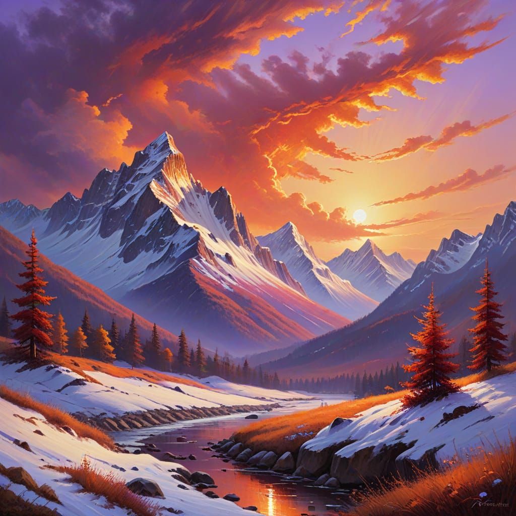 Romantic Mountain Sunset Oil Painting as Impasto