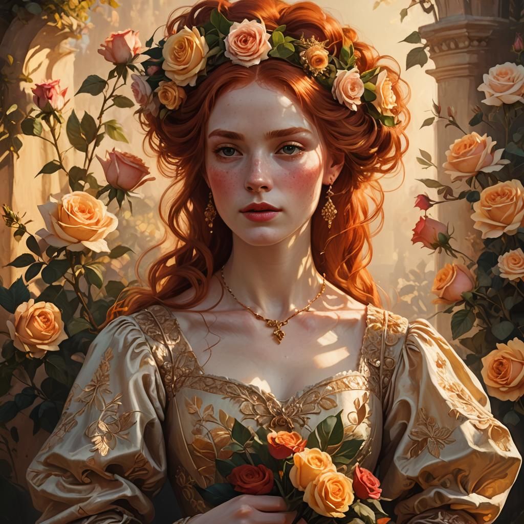 A young and beautiful redhead lady dressed in a XIXth centur...