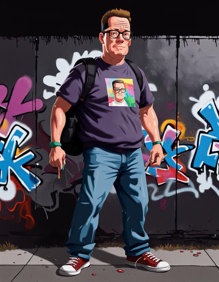 Hank Hill dressed as a graffiti artist, dark colors, Gary Ya...