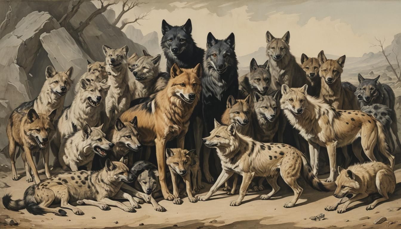 pack of dogs and wolves and hyenas and foxes by the style of...