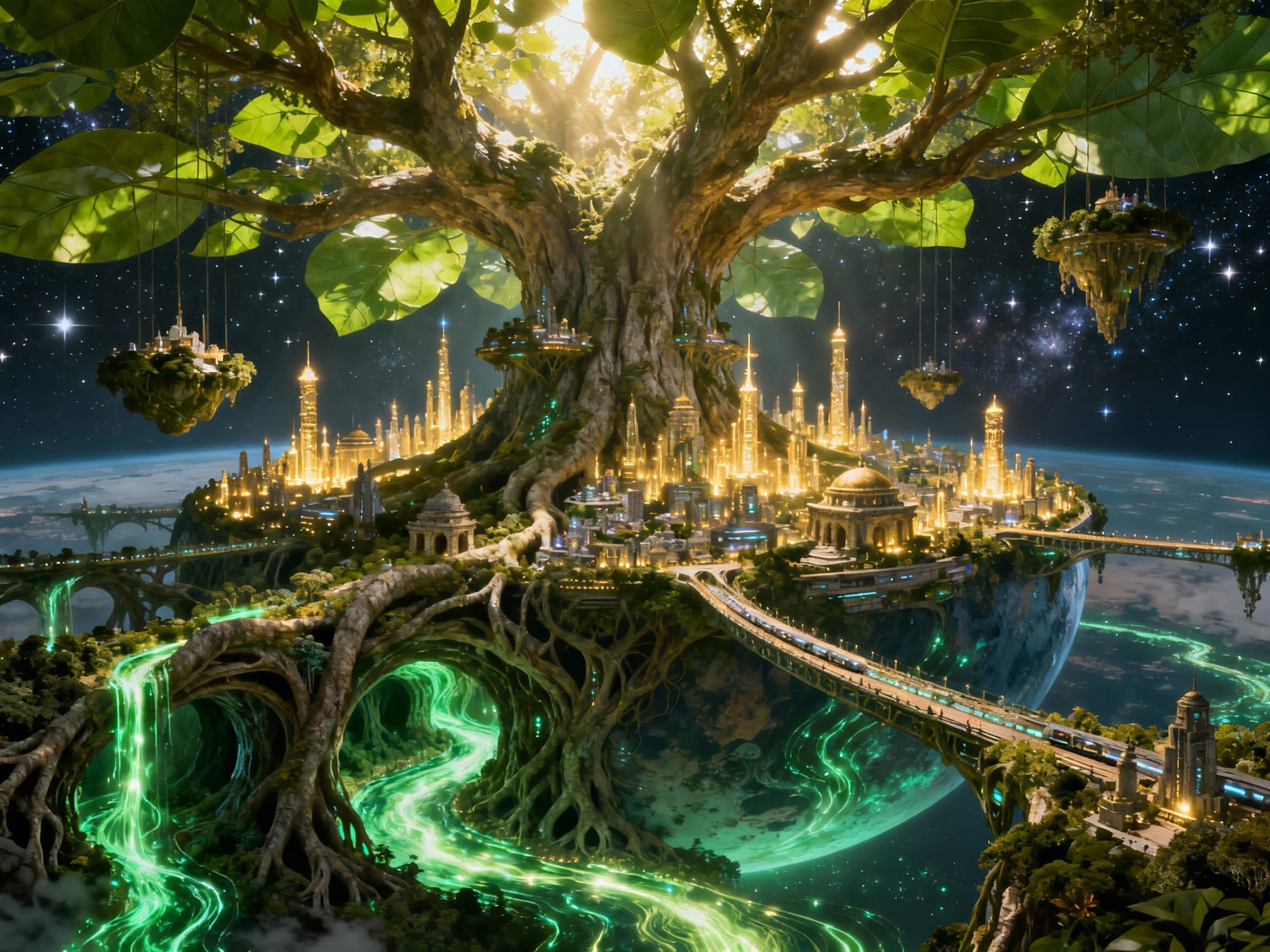 A colossal city sprawled across the branches of an ancient, planet-sized tree. The trunk is wider than entire continents, stretching skyward...