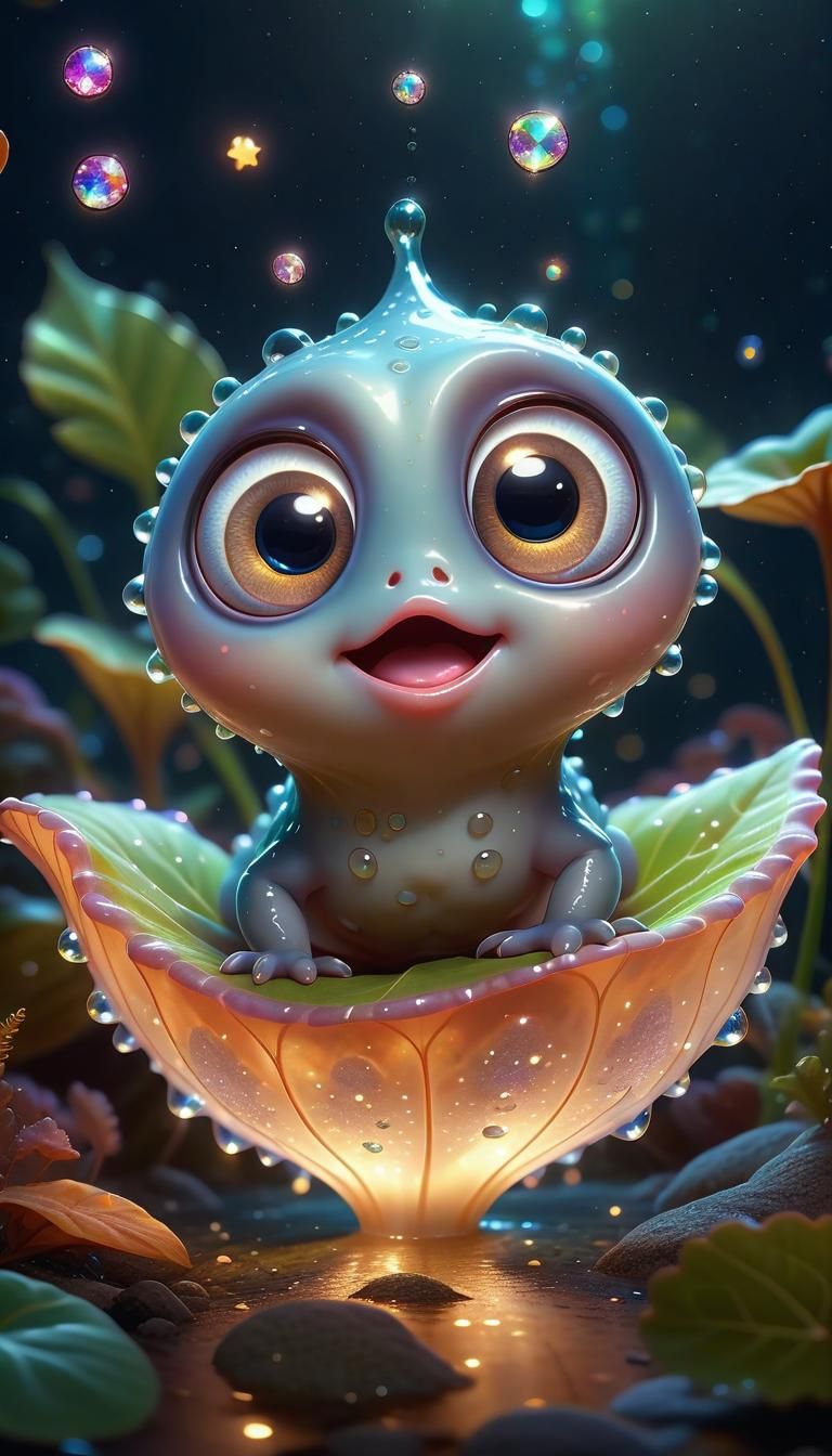 pixar style adorable cute Amoeba with a big cute eyes eat a leaf ...