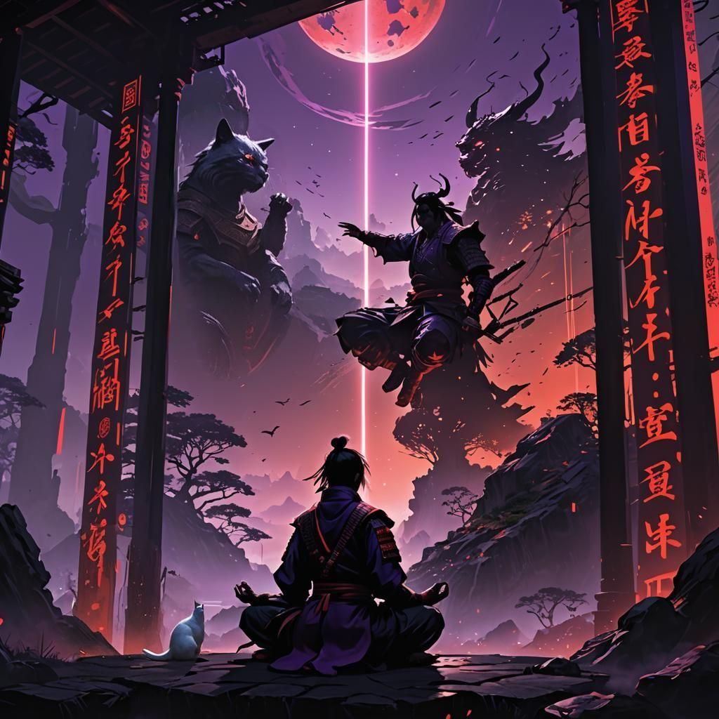 "Fernweh Gaming" will be written in a bold red font inside a giant LCD screen suspended in the air.
This will be a samurai sitting cross-leg...