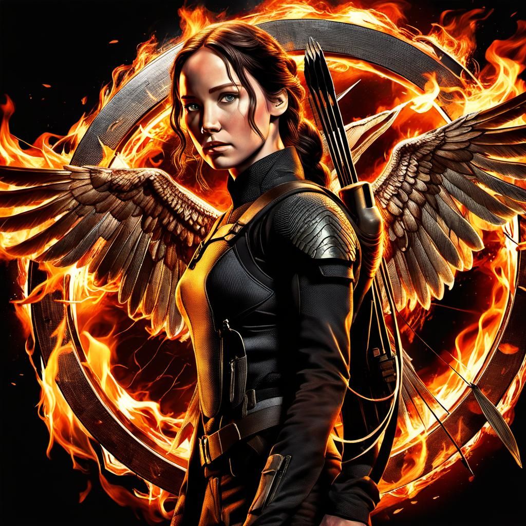 Katniss Everdeen emerges from engulfing flames, embodying the ...