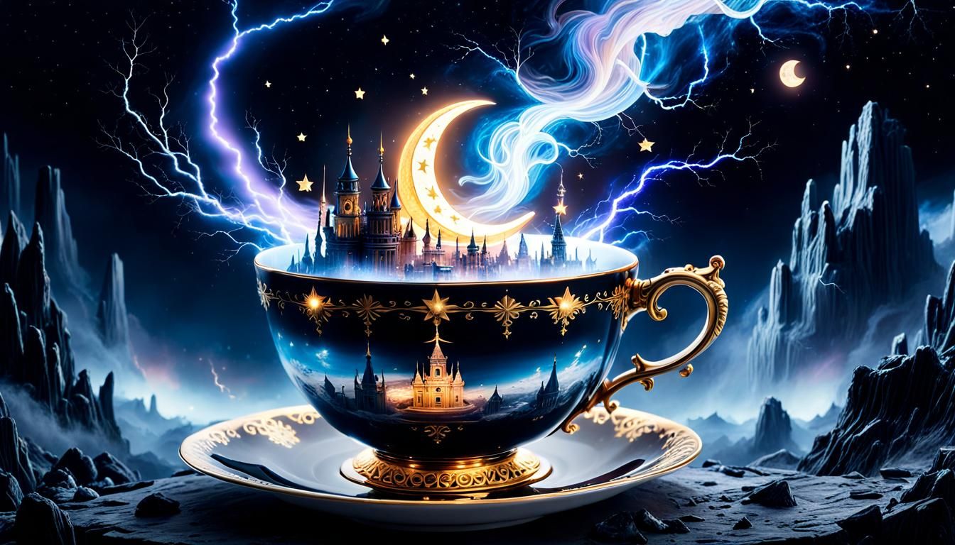 Miniature fantasy world portrayed in a magic teacup, moons and stars, lightning, light particles flying ...  by @Mr Classics