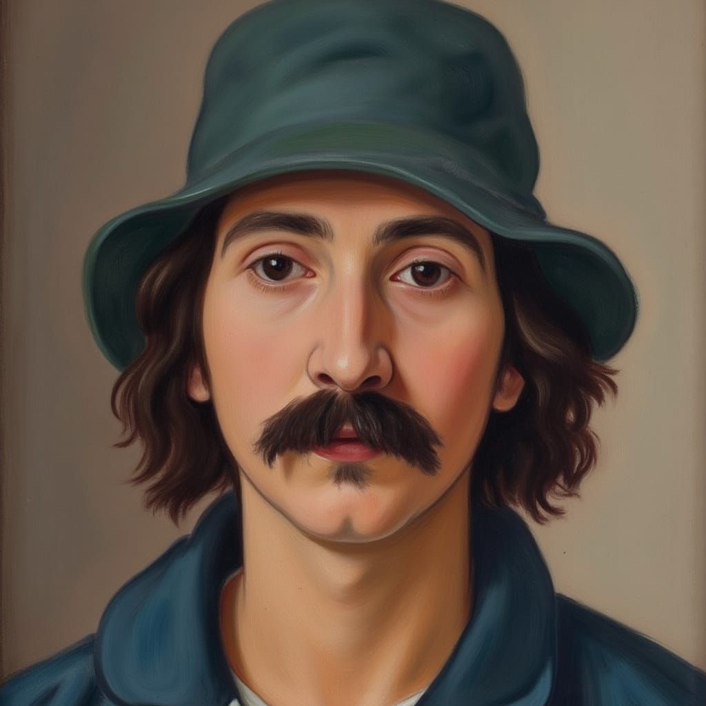 Soft symbolism , Psychological Portrait of a man with moustache and bucket hat in the style of  <lora:Soft Symbolism:1.0>