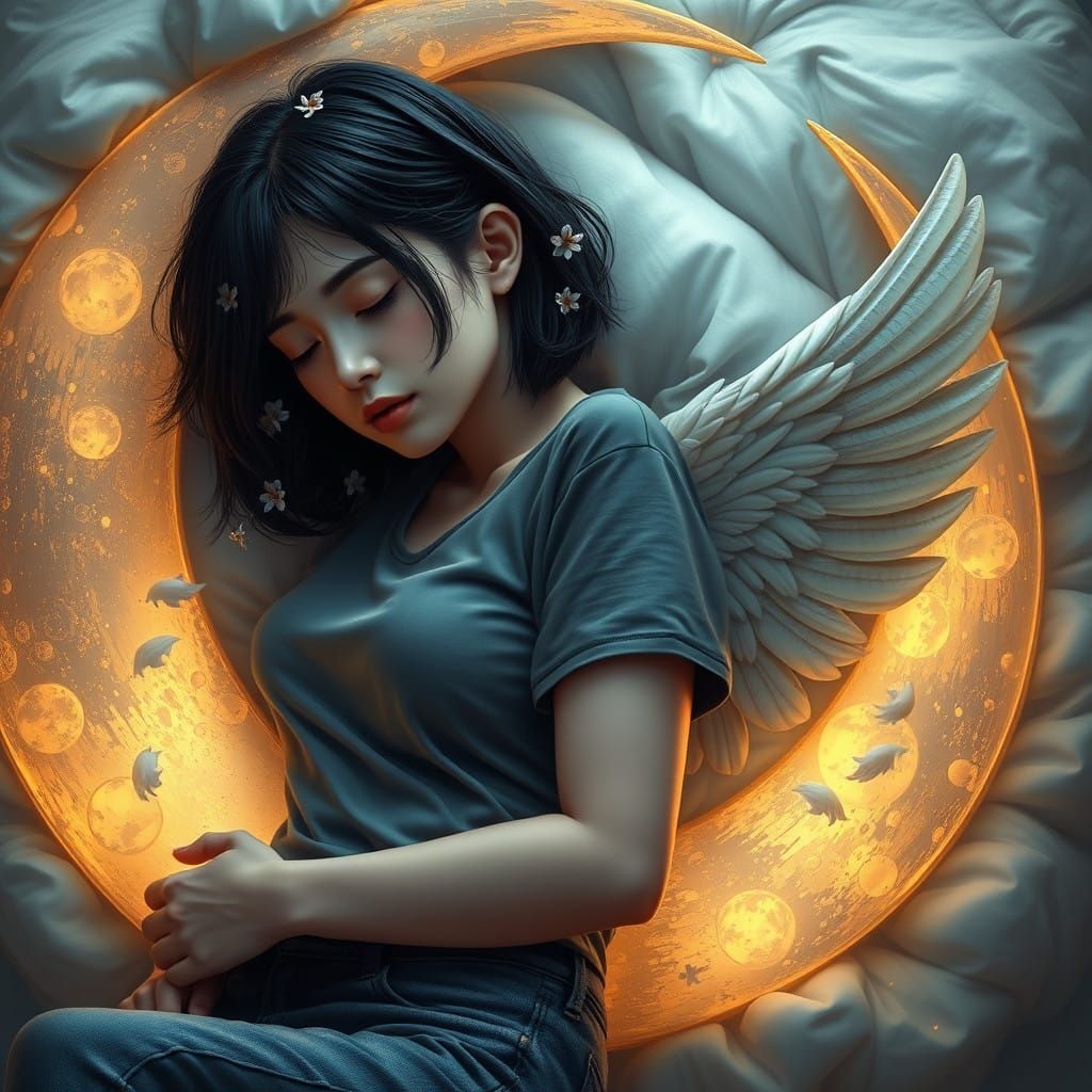 Dreamy Goddess Slumbers on Crescent Moon Bed