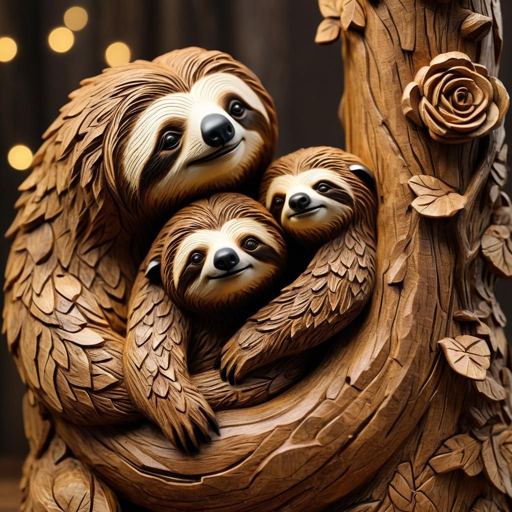 Rose and sloth family happy in carving made of real oak wood, in statue form  by @Amanda Haury