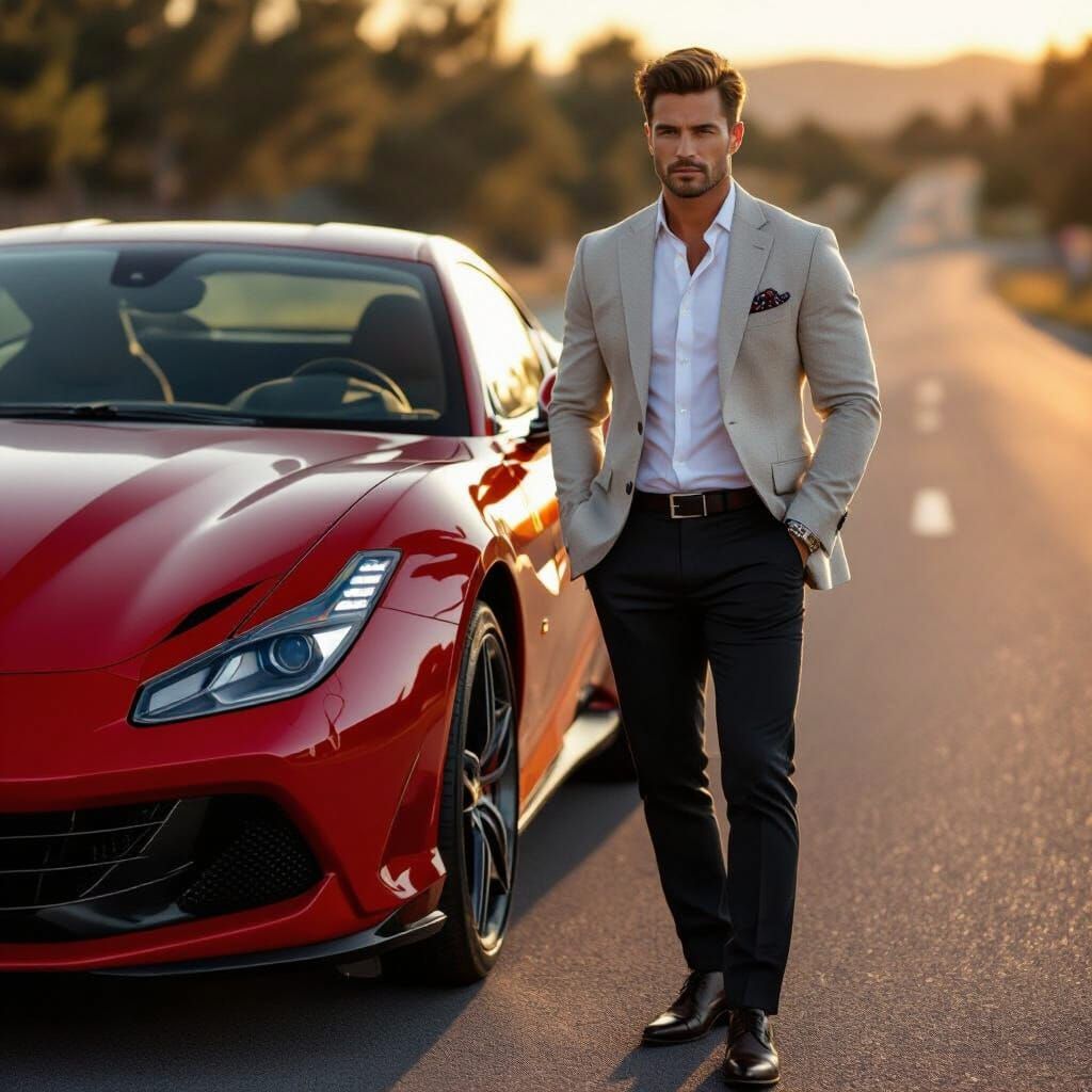 Man and Sleek Red Ferrari at Sunset