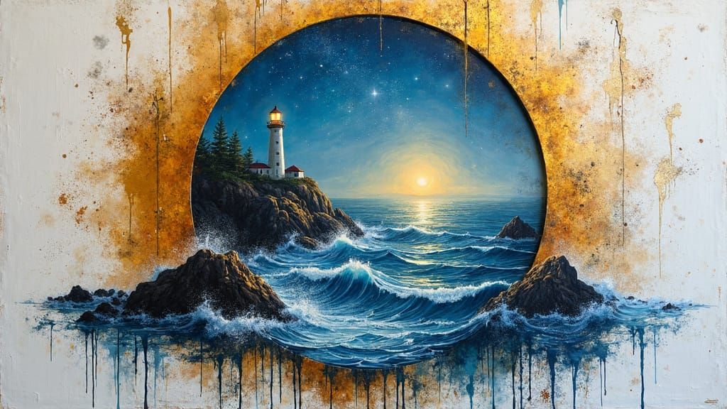 Lighthouse in Circular Window with Abstract Drips