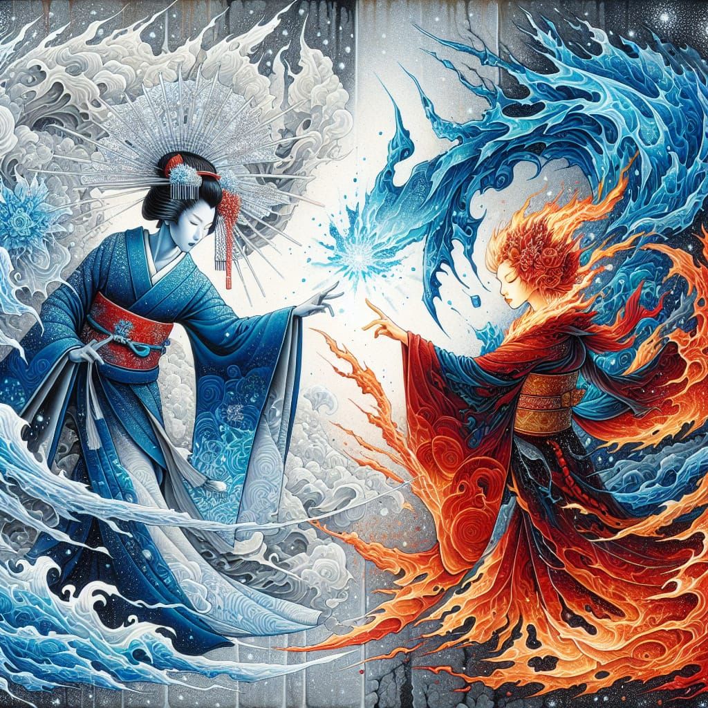 Geisha of Ice fighting Princess of Fire, Japanese theme, fire, ice, magic, Michael Whelan, Naoko Takeuchi, ...  by @bashfulglowfly