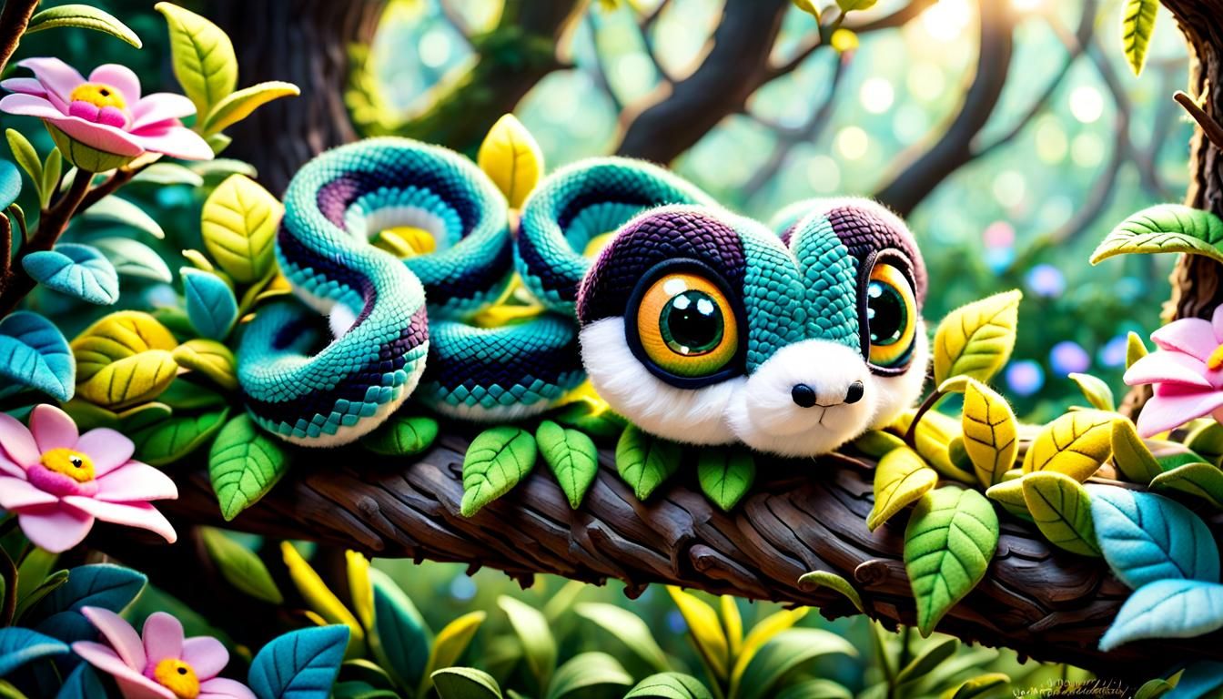 Disney Pixar needle felted snake wrapped around a flower covered tree branch, highly detailed, fluffy, ...  by @Spearmint