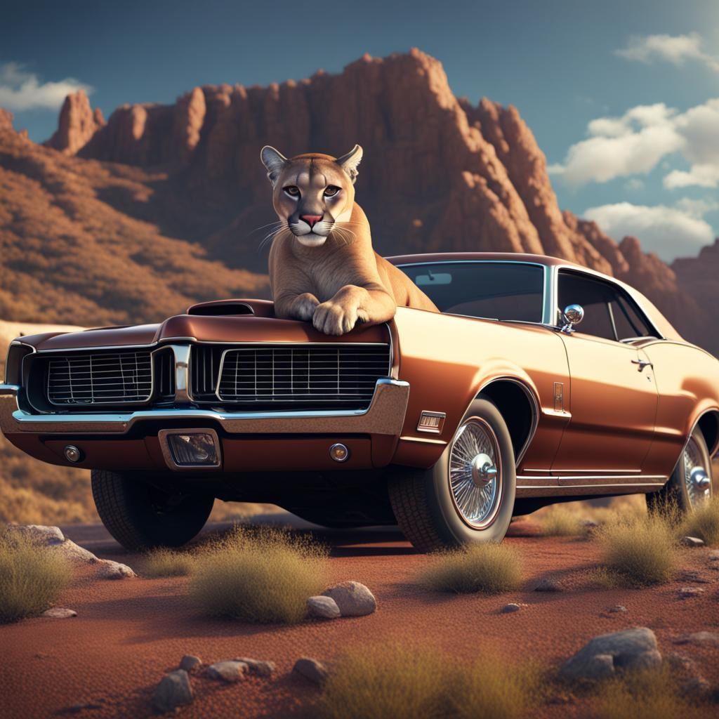 Mountain Lion Relaxing on a Vintage 1969 Mercury Cougar in D...