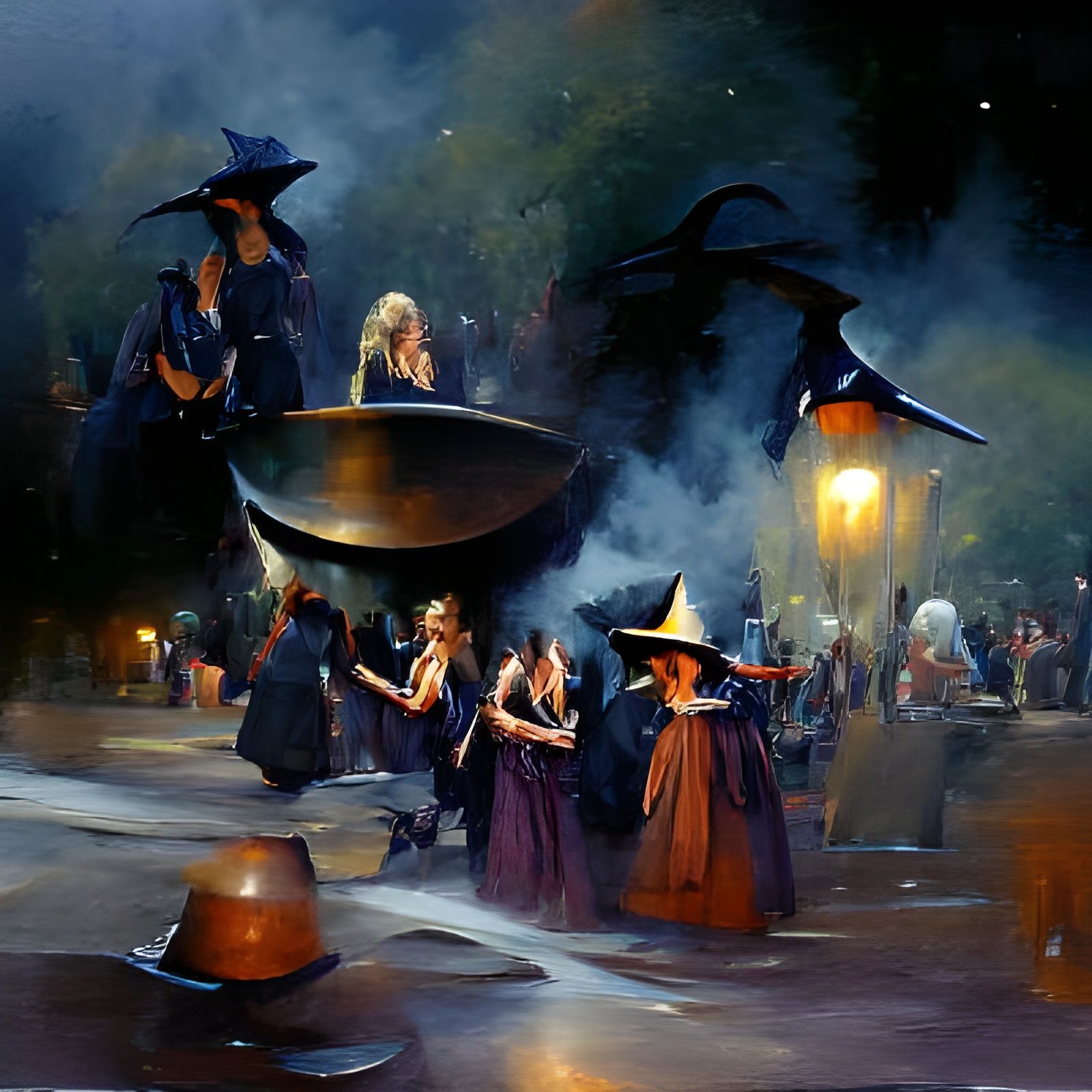 Crowd of witches around cauldron night