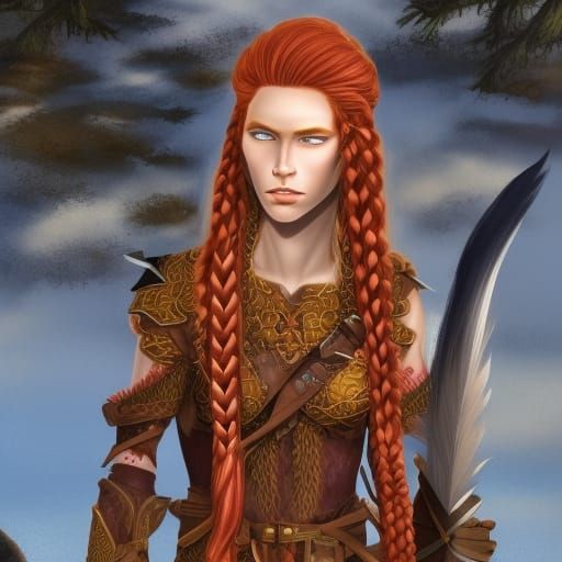 Tall, very pale genasi barbarian ranger with a golden-rose c...