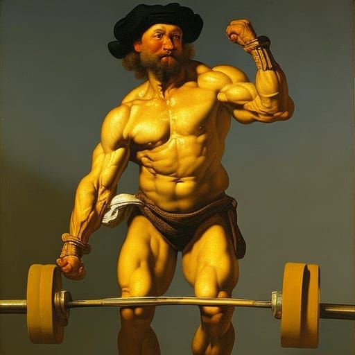 Self-Portrait of Rembrandt Van Rijn as a weightlifter, paint...