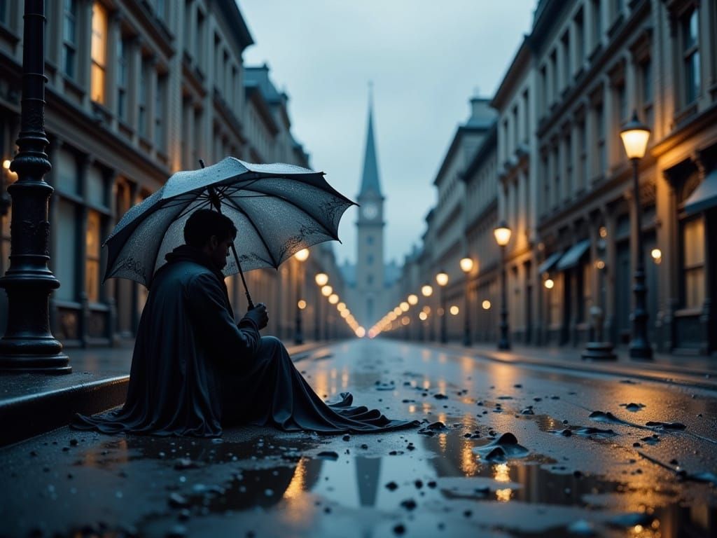 Abandoned Umbrella in a Desolate City Night