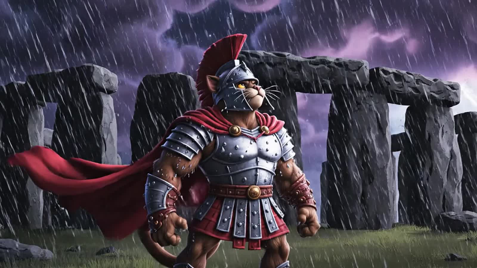 thunder and lightning crash to illuminate a cartoon of catticus the anthropromorphic  roman cat at stonehenge