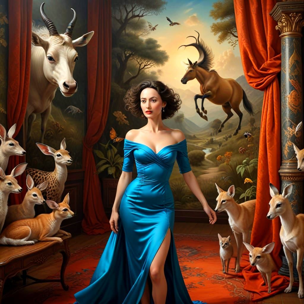 Elegant Lady Surrounded by Whimsical Creatures in Vibrant Su...