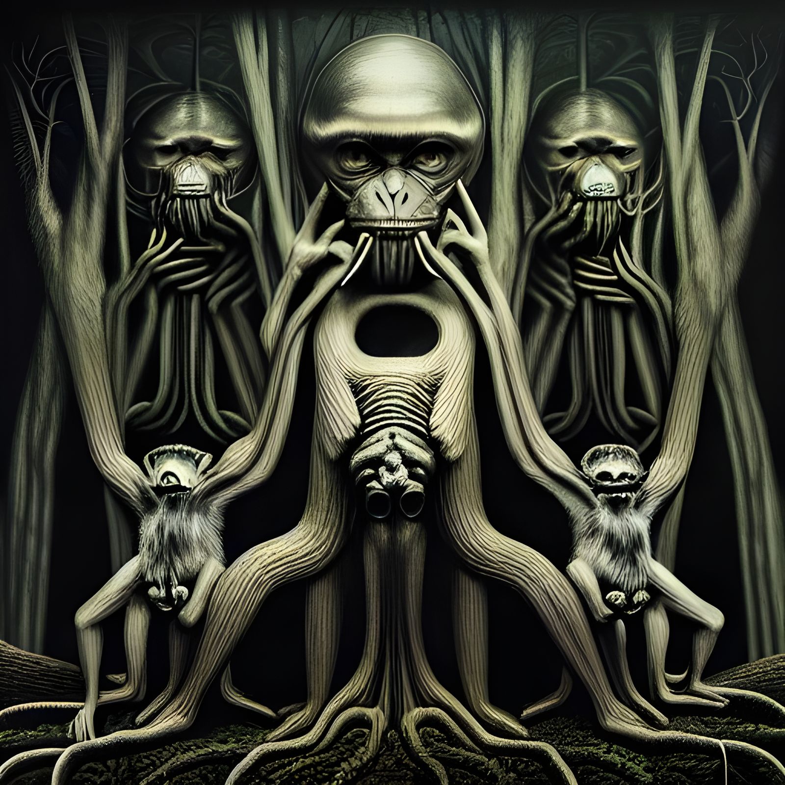 3 monkeys in a dark mysterious forest by H.R Giger,symmetry,...