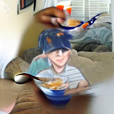 Young boy with baseball cap eating a bowl of frosted flakes ...