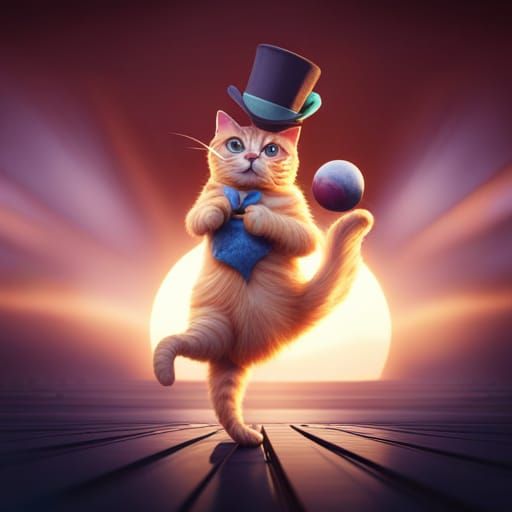 Cute ginger cat doing circus tricks