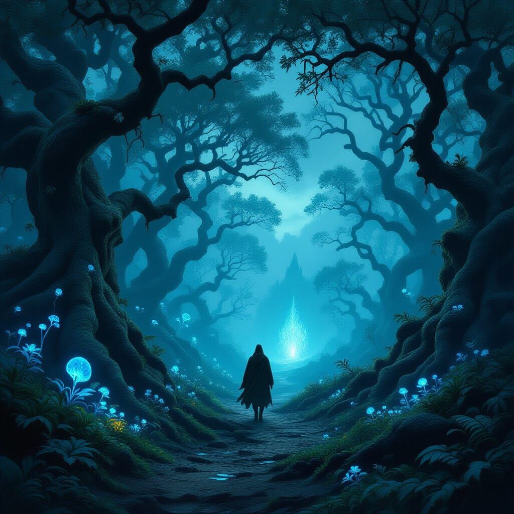A lone wanderer in a dense, ancient forest, with gnarled trees reaching towards a twilight sky. Strange, glowing flora illuminates the path....