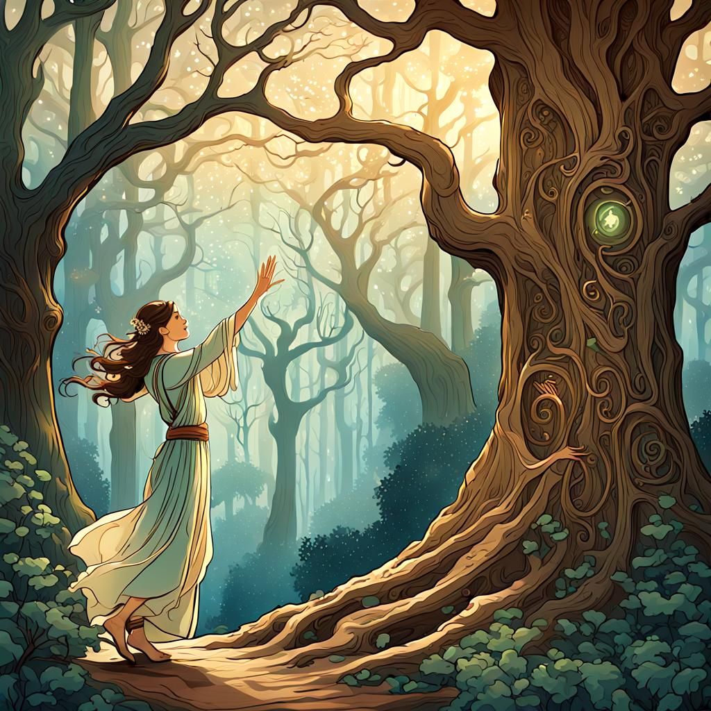 A person knocking on an ancient wooden tree in a magical for...