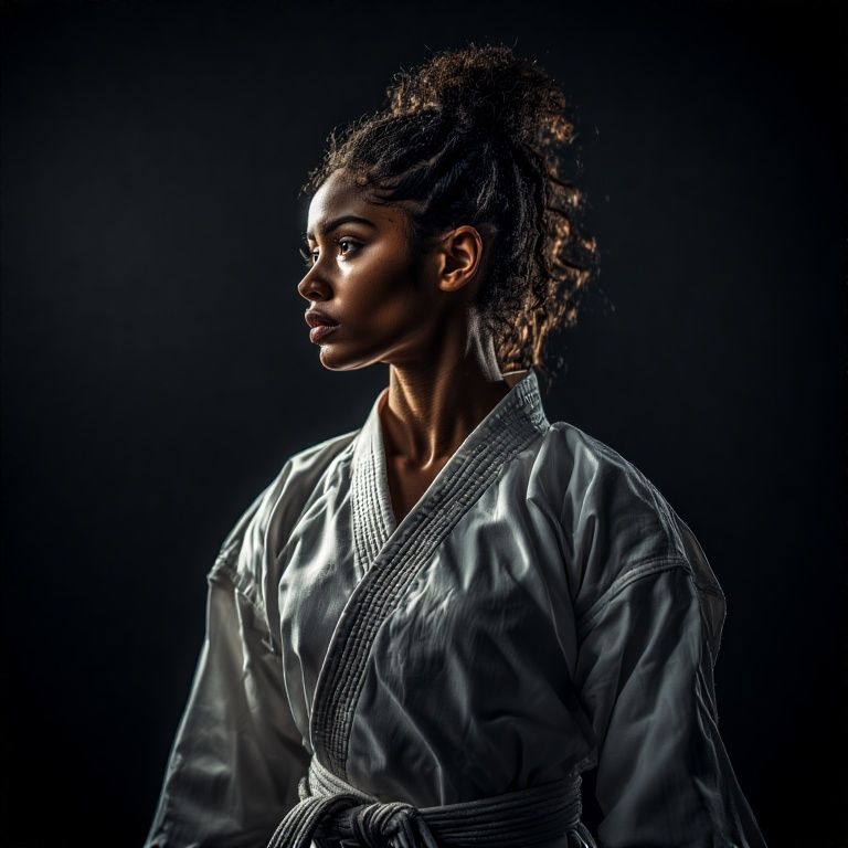 BLACK FEMALE KARATEKA ON A BLACK BACKGROUND.