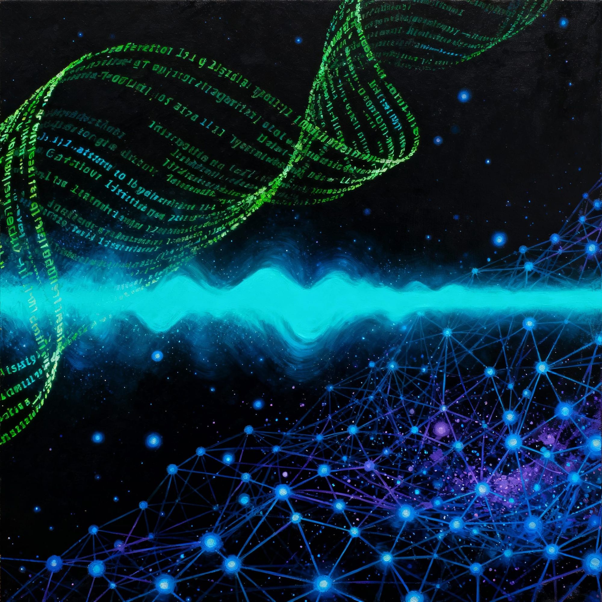  An abstract representation of quantum computing is depicted with lines of computer code flowing across a dark background. A central horizon...