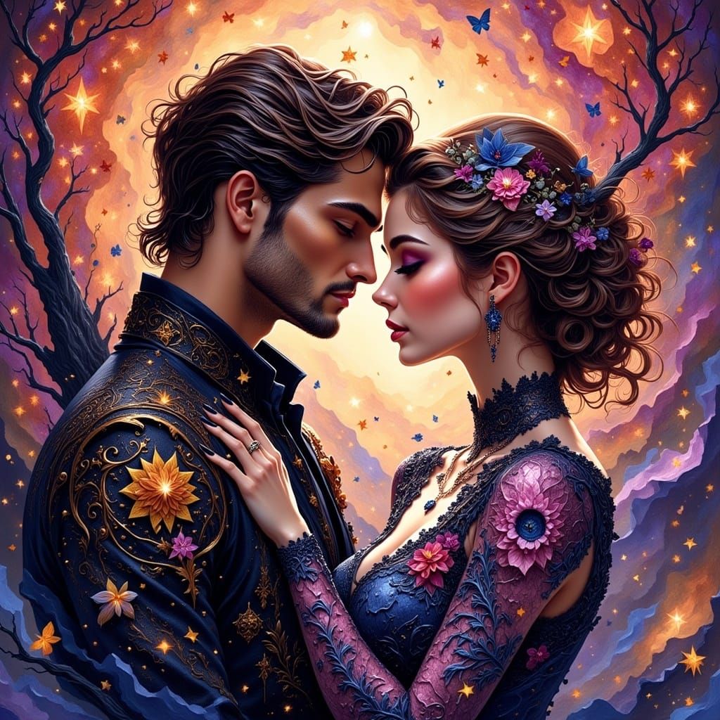 <lora:Fantasy Couples:1.0> man and woman amazing love abstract vector fractal, wave function, Zentangle, 3d shading