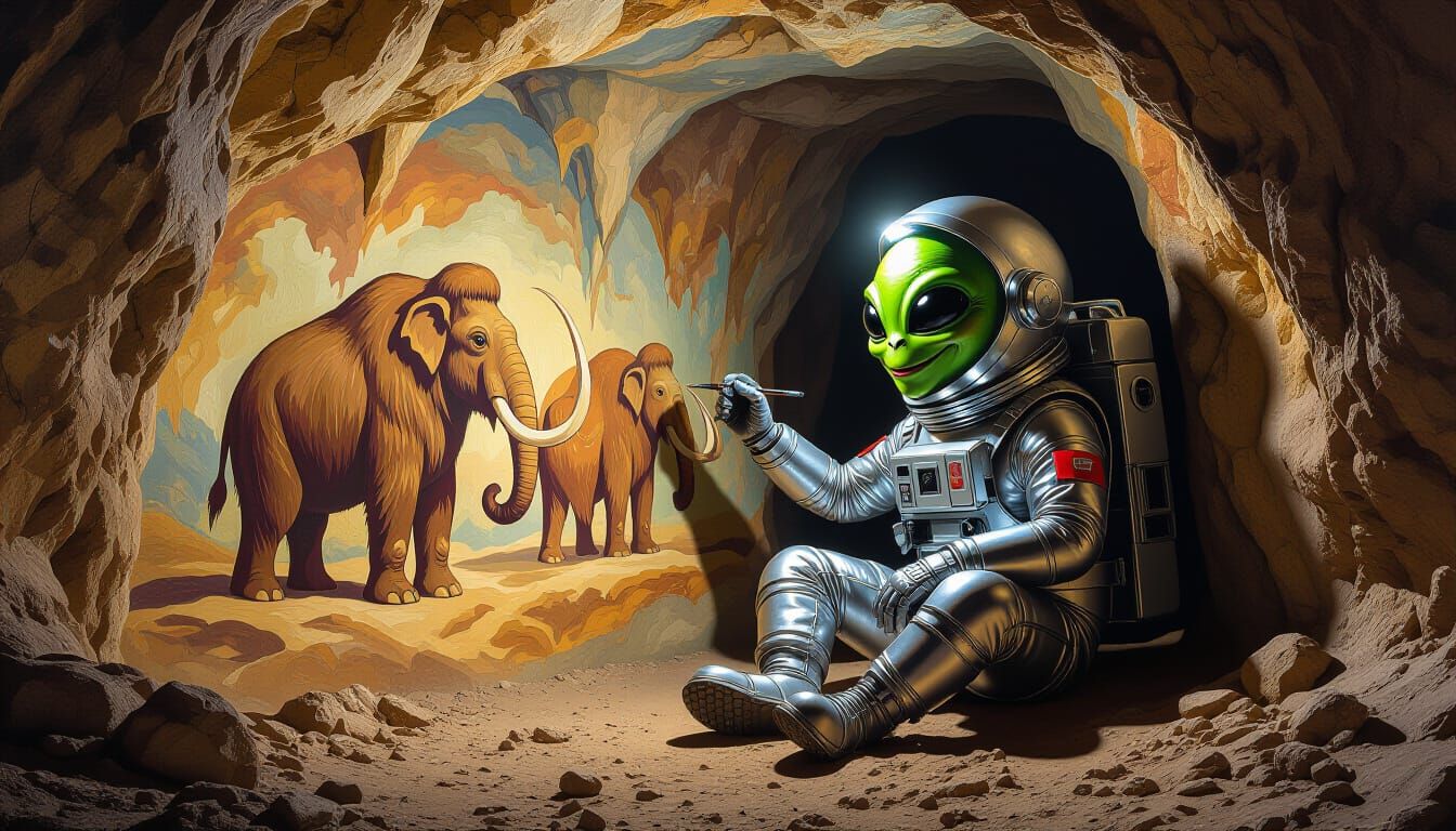 A Smiling Alien wearing a metallic colored space suit sitting on the dirt ground of a dark cave painting ...  by @Kindly Offer