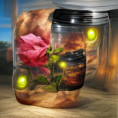 Rose in Jar with Fireflies