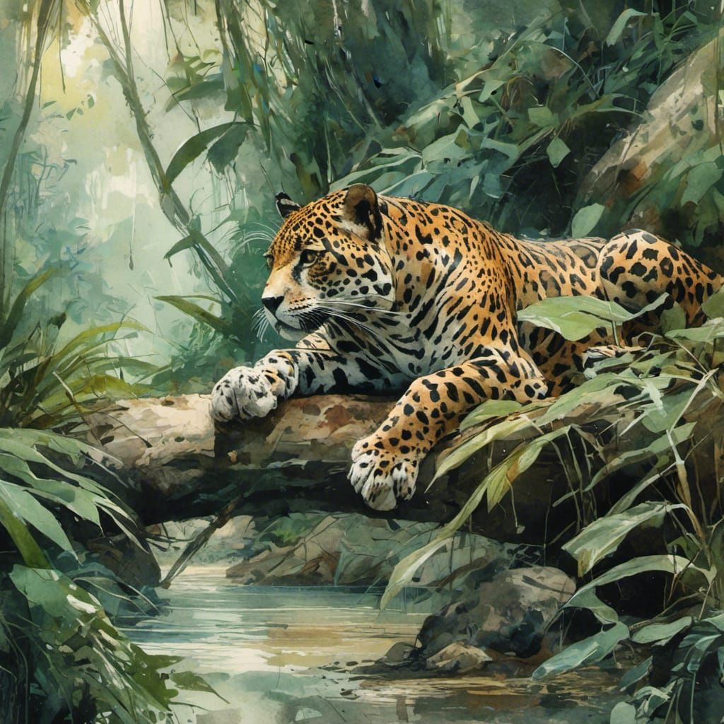 A lush jungle landscape, watercolor, featuring a jaguar lazily resting on the bank, 16k resolution, deep saturation <lora:Scrappers:1.0> 
