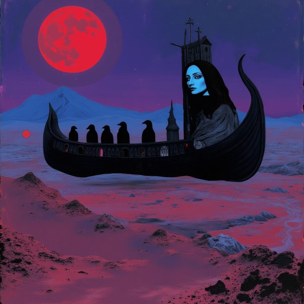 Mysterious Woven Ship Glides Over Desert Under Twin Moons