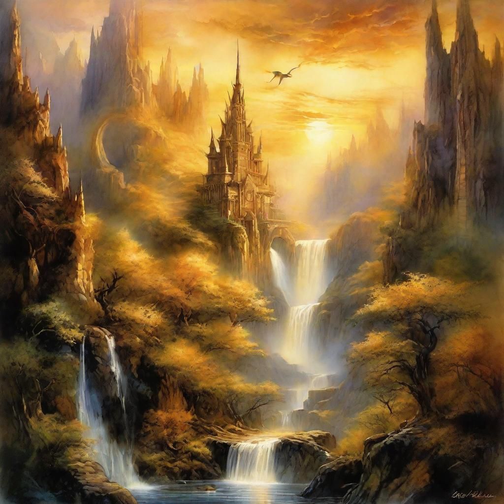 Mystical Dragon Soaring Through Fantasy Watercolor Landscape