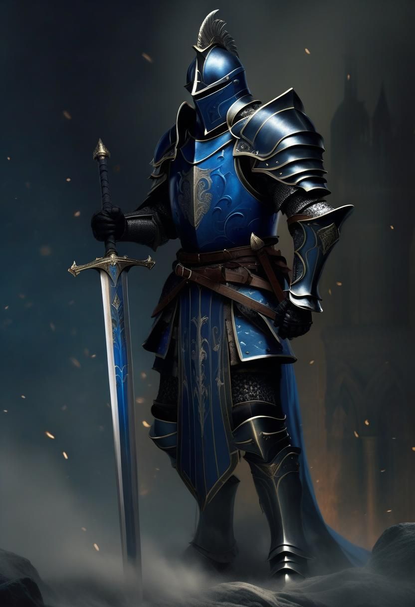 Full armor Knight with a black and blue robe whielding a lon...