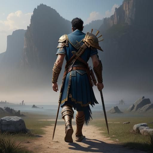 a greek warrior after battle is walking back to camp