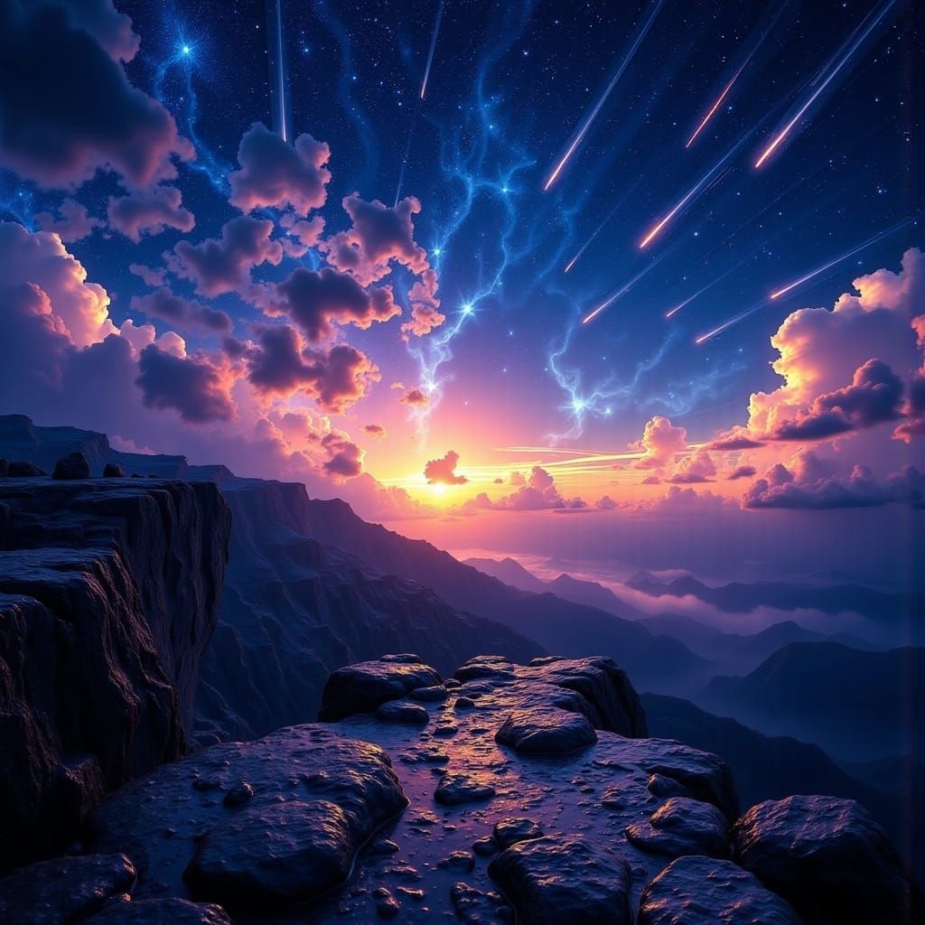 <lora:Wisps of Glow:1.0> Starfall Ridge - A high, open cliff where the sky comes alive with stars and frequent meteors streak across the hor...