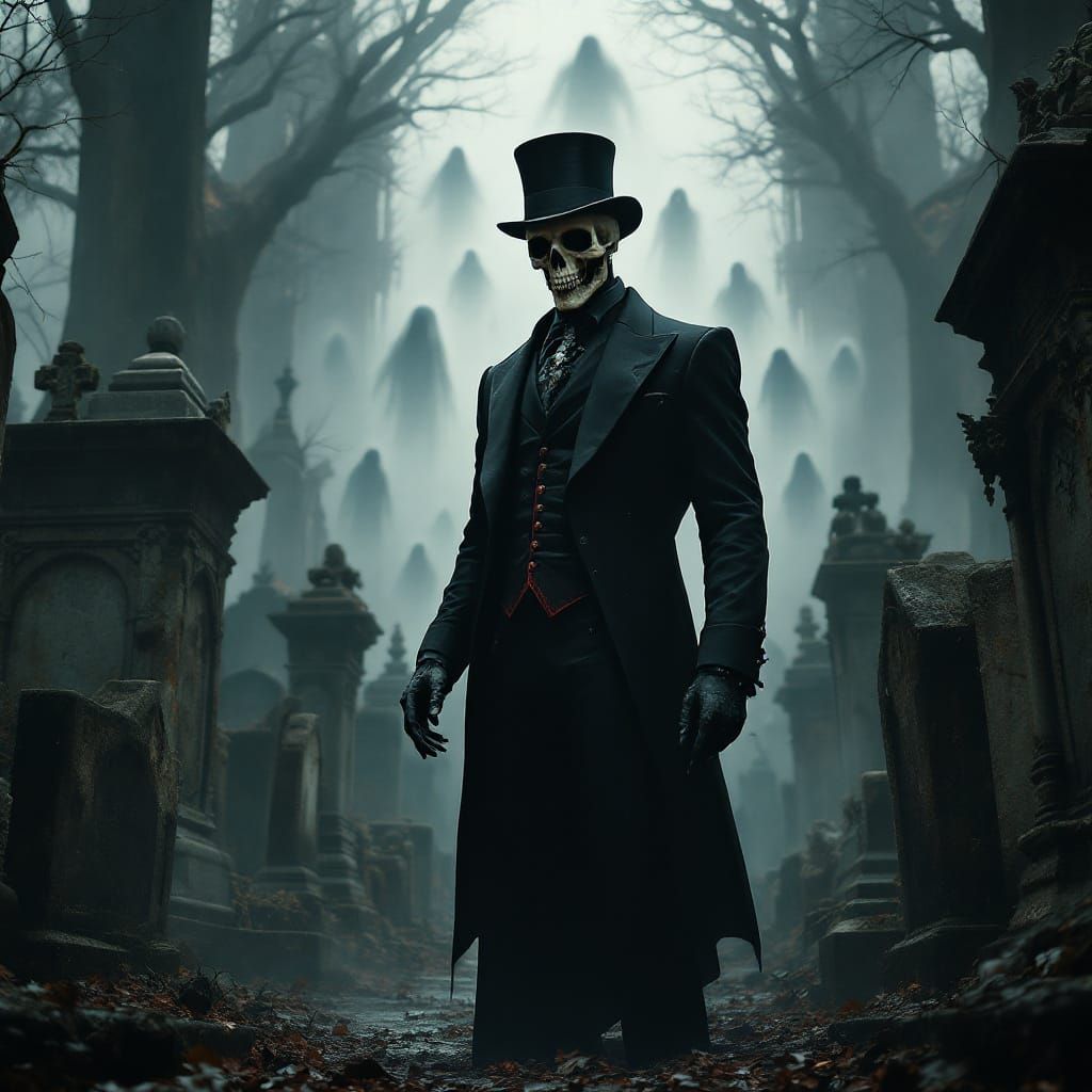 Man with a skull face, wearing an elegant suit with top hat, inside a
