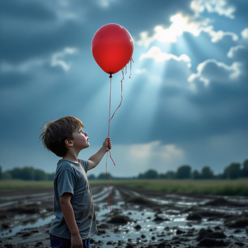 Boy in Stormy Field with Broken Balloon and Ray of Hope