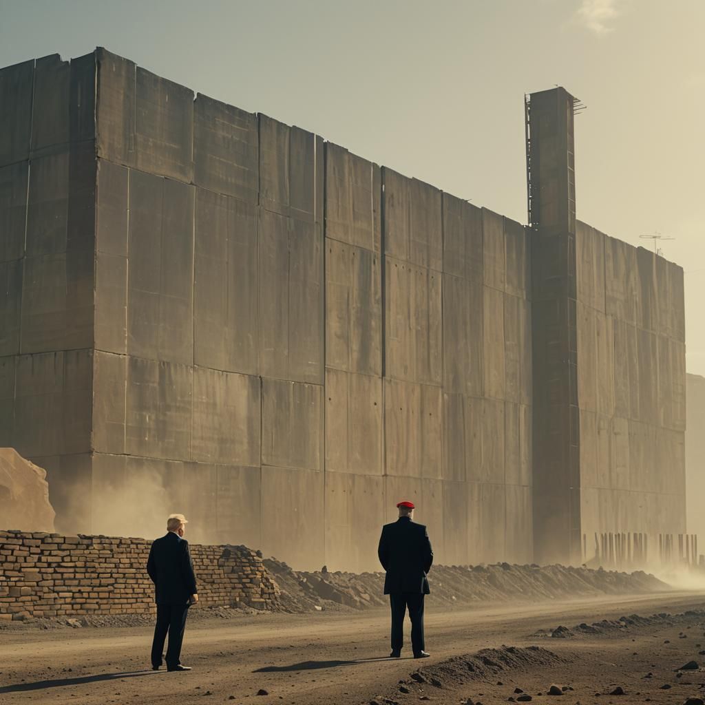 Tiny Donald Trump near gigantic border wall