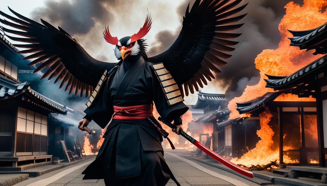 An epic picture of a winged Tengu holding a katana in one hand and a ...