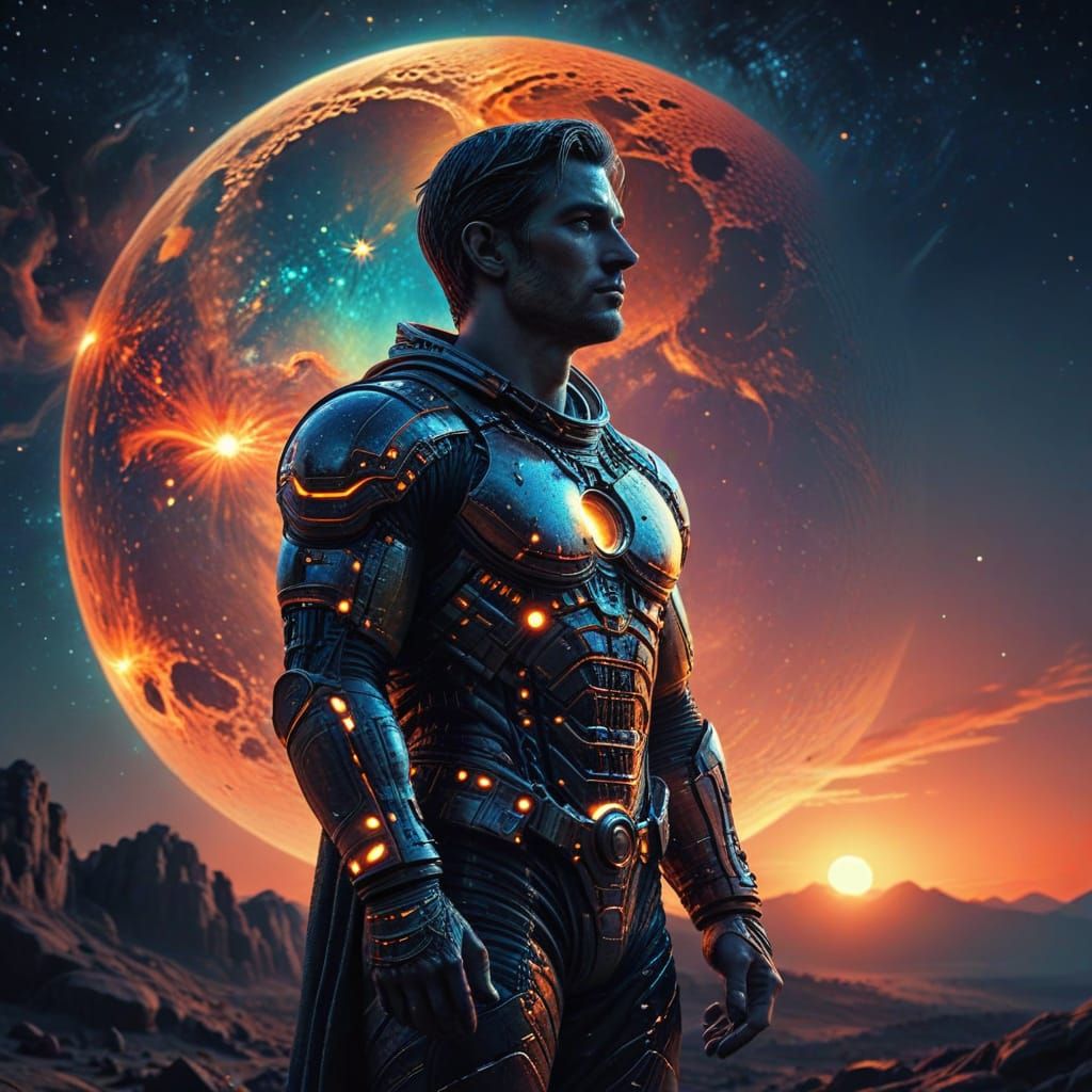 Man Against Moon in Surreal Galactic Digital Art